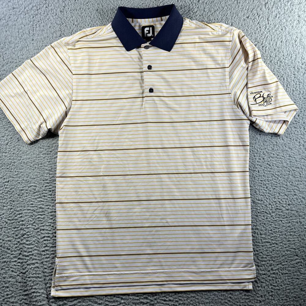 FootJoy Golf Polo Shirt Mens Medium White Yellow Striped Missouri Bluffs Logo